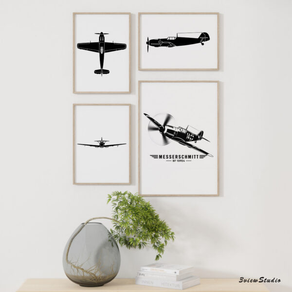 set of 4 messerschmitt bf 109e4 airplane silhouette art prints